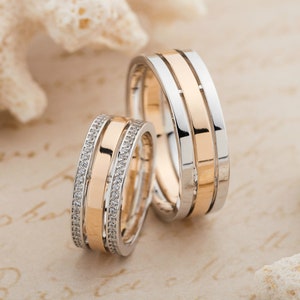 Two-tone solid 14k gold wedding bands. Contemporary wedding bands. Wide wedding bands. Unique wedding rings set. Matching wedding bands.