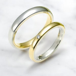 Two-tone wedding bands with diamond. Matching wedding rings set. His and hers wedding bands.  Couples wedding bands. Gold wedding rings set