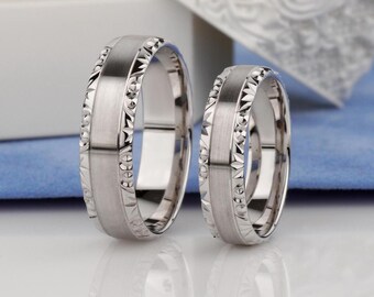 14k Gold Matte Wedding Band Set | His and Hers Matching Rings
