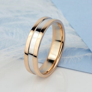 Mens wedding band. Two tone wedding band. Solid gold wedding ring. Wedding ring for him. Men&#39;s band ring. Male gold ring.Unisex wedding ring