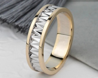 14k Gold Geometric Wedding Band Ring for Men – Modern Style 6mm Wide. Wedding band mens handmade