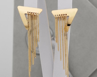 14k Solid Gold Tassel Earrings, Fringe Chain Dangle Earrings, Drop Earrings, Statement Gold Dangle Earrings, Gift for Her