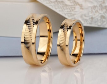 14k Gold Wedding Band Set, His Hers Chunky Couple Rings, Wide Diamond Cut Facets