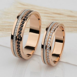 Gold wedding rings set with black and white diamonds. Unique wedding bands set. His and hers rings. Couple rings set. Matching wedding bands
