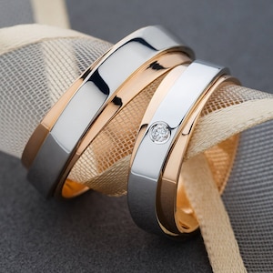 Matching couple rings set. Gold wedding bands set. Promise rings. Unique wedding bands. Two tone wedding bands. His and hers wedding bands
