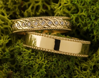 14k Solid Gold Unique Wedding Ring Set. Matching Couple Bands with Diamonds. Vintage Style wedding rings
