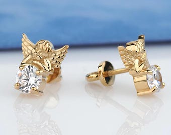 14k gouden engelenoorbellen. Gouden oorknopjes. Unieke gouden oorbellen. Engel sieraden. 14k gouden oorstekers voor dames. Massief gouden oorbellen.