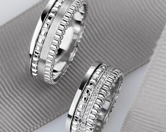 Unique wedding bands with moissanites. Couple wedding bands. His and hers wedding rings set. Gold wedding bands. Matching wedding bands