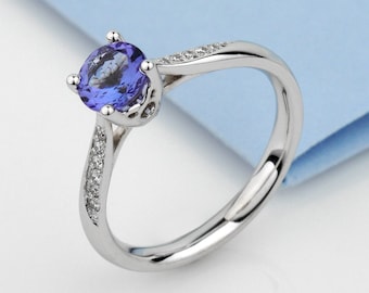 Tanzanite Engagement Ring 14k Gold, Blue Tanzanite Diamond Ring, Unique Proposal Ring, Violet Blue Gemstone Ring, Natural Tanzanite Ring