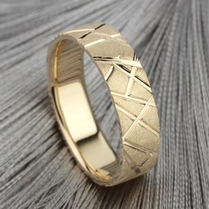 Gold men's wedding ring with non-standard design. Brushed gold mens wedding band. Mens wedding ring. Mens unique wedding band. Ring for him