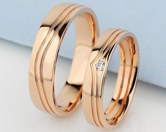 Gold wedding rings set with diamond. His and hers wedding bands. Unique gold wedding bands. Matching wedding bands. Couple rings set.