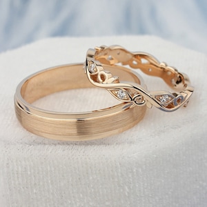 Gold wedding bands set with diamonds. Couple rings set. His and hers wedding bands. Unique wedding bands. 14k gold wedding bands.