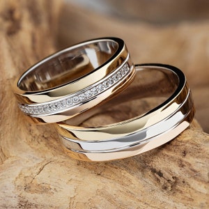 Tricolor Wedding Bands. His and hers wedding bands set made of three colors of gold. Couple rings set. Tri-tone wedding rings. Unique bands.