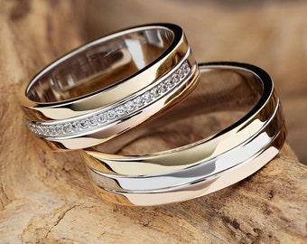 Tricolor Wedding Bands. His and hers wedding bands set made of three colors of gold. Couple rings set. Tri-tone wedding rings. Unique bands.