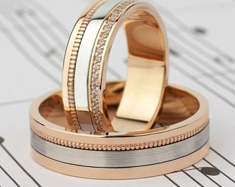 Gold wedding bands set made of two colors of gold. Unique wedding bands. His and hers matching wedding rings. Couples wedding bands
