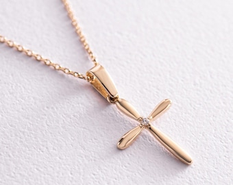 14K Solid Gold Minimalist Cross Necklace, Dainty Religious Pendant, first communion gift