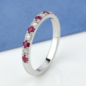 Eternity ring with ruby and moissanite. Minimalist eternity band. Gold ruby ring. Gold stacking ring ruby. Gift for women. Anniversary gift