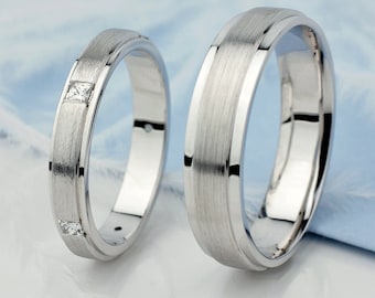 14k Gold Matching Wedding Band Set, Diamond Accent, Brushed Finish. Unique His and Hers Gold Rings Set