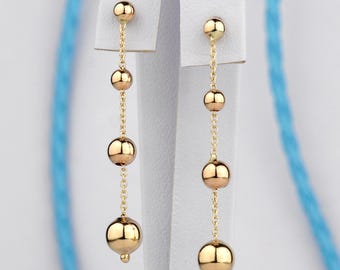 14k Solid Gold Ball Drop Earrings, Long Bead Dangle Earrings, Gift for Her, Solid Gold Linear Earrings, Anniversary Gift for Wife