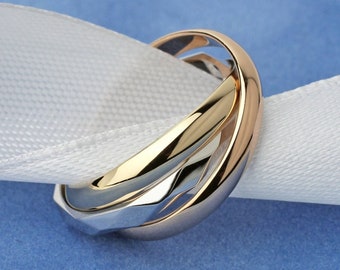 14k Gold TriColor Rolling Ring. Ineinander greifende Bänder. Spinning Hochzeit Band. Einzigartiger Ehering. Triplette-Ehering. Goldwalzenband