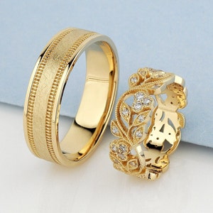 Unique wedding rings set. Gold wedding bands set with diamonds. Matching wedding rings. His and hers wedding rings set. Couple wedding bands
