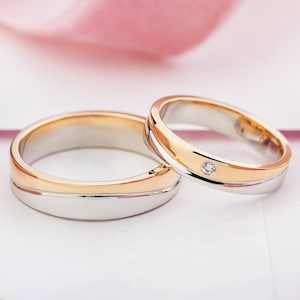 Two tone wedding bands with diamond. His and hers wedding rings. Mixed metal wedding band. Gold wedding bands.  Couple wedding rings.