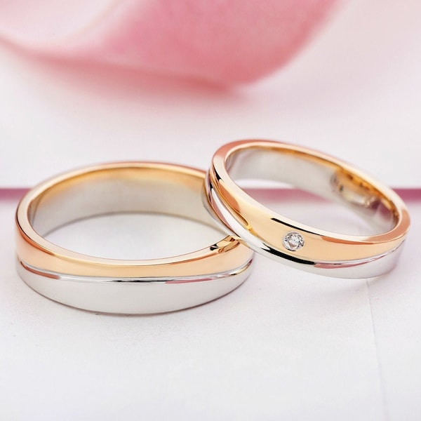 Two tone wedding bands with diamond. His and hers wedding rings. Mixed metal wedding band. Gold wedding bands.  Couple rings.