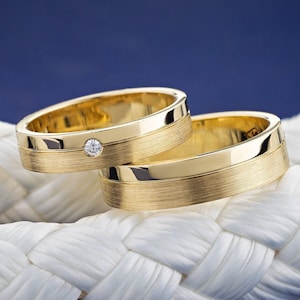 Gold wedding bands set with diamond. Couples wedding bands. Matching wedding bands his and hers. Wedding ring set. 14k gold wedding bands.