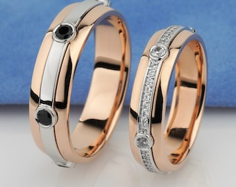 Two-tone matching wedding bands with black and white diamonds. Unique wedding bands set. His and hers wedding bands. Couple rings set.