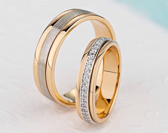 Couple rings made of 14k gold. Matching wedding bands. His and hers wedding rings. Couple wedding rings set. Two-tone gold wedding bands