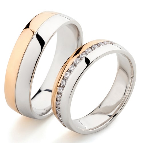 Two Tone Wedding Bands With Diamond. His and Hers Wedding Etsy