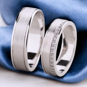 His and hers wedding bands made of 14k gold with diamonds. Wedding couple rings set. Matching wedding rings. Diamond solid gold bands.