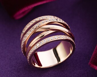 Wide Gold Statement Ring Women, Multi Band Ring 14k Gold, Rose Gold Cocktail Ring, Unique Gold Ring Women, Anniversary Ring Gold Gift Her