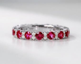 Anillo de eternidad de rubí y diamante en oro de 14k, alianza de boda de rubí para mujer, anillo de aniversario de rubí, alianza de eternidad con gema roja, anillo de oro con rubí natural