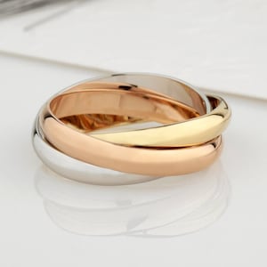 Tri Color Rolling Ring. 14k Triplet Ring. Interlocking Bands. Triple Band Rolling Ring. Unique Wedding Band. Fidget ring. Gold rolling band