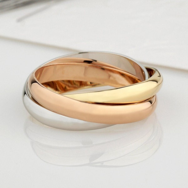 Tri Color Rolling Ring . 14k Triplet Ring. Ineinander greifende Bänder. Dreifach Band Rolling Ring . Einzigartiger Ehering. Fidget Ring. Goldwalzenband