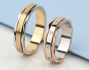 Two-Tone Gold Wedding Rings Set, Diamond Accents, Faceted Design. Solid gold wedding bands for couples