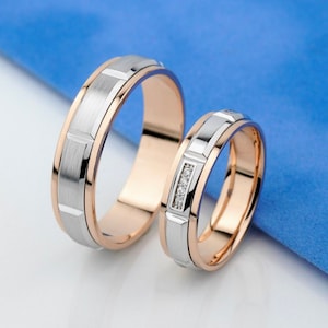カップルのための14金ゴールドの結婚指輪。彼と彼女の結婚指輪セット。個性的なゴールドの結婚指輪。お揃いのゴールドの結婚指輪セット。