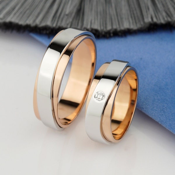 Unique gold rings for couple. Gold wedding bands set. Promise ring set. Two tone wedding bands. His and hers wedding bands. Commitment rings