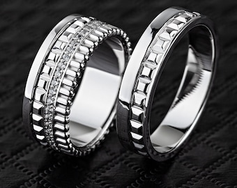 14k Gold Wide Wedding Ring Set with Geometric Texture & Diamonds. Solid gold statement wedding rings