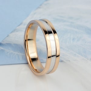 Ready to ship! Mens two-tone wedding band in size 8.5 US. Solid gold wedding ring. Wedding ring for him. Men&#39;s band ring. Male gold ring.