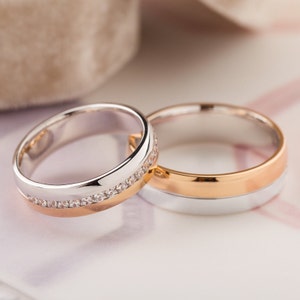 Two tone wedding bands set. His and hers wedding rings. Matching gold wedding bands. Couple wedding rings. Gold wedding bands with diamonds.