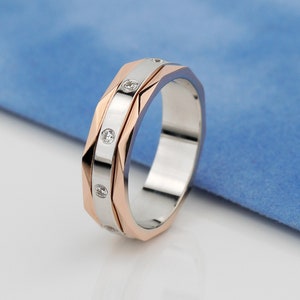 Unique gold women&#39;s wedding band. Two-tone wedding band.Women&#39;s wedding ring.Female gold band.14k gold ring. Faceted gold wedding band