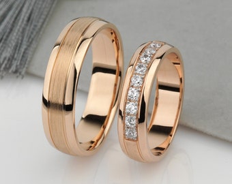 Wedding bands set his and hers. Couples wedding bands. Diamond wedding band. Unique matching wedding bands. Rose gold wedding ring set