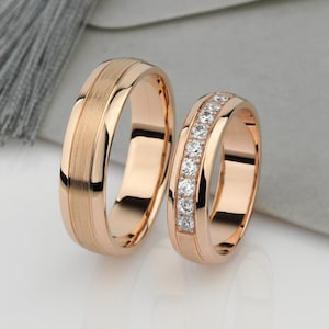 Wedding bands set his and hers. Couples wedding bands. Diamond wedding band. Unique matching wedding bands. Rose gold wedding ring set