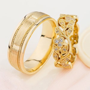 Unique wedding bands with diamonds. Matching wedding rings made of solid 14k gold. Unusual wedding band set. His and hers wedding rings