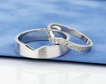 14k Gold Diamond Wedding Bands Set: His & Hers Matching Rings. Couple wedding rings.Solid gold wedding bands set with diamonds.