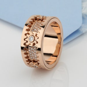 Unique gold spinner ring. Wide wedding band. Women&#39;s gold ring. Gold statement ring. Spinner ring for Men & Women. Rotating Fidget Ring.
