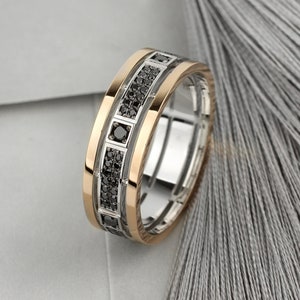 Unique mens wedding band with black diamonds. Mens wedding ring. Wide ring for men. Black diamond gold ring.