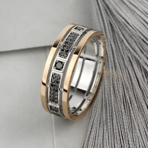 Unique mens wedding band with black diamonds. Mens wedding ring. Wide ring for men. Black diamond gold ring.